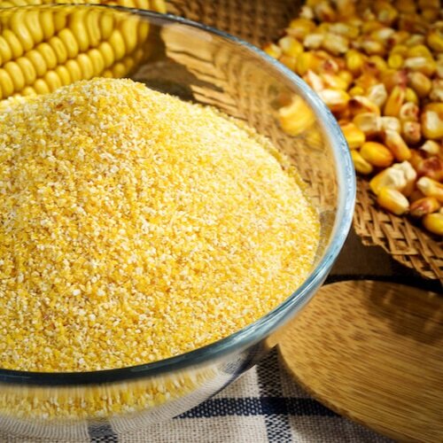 Bowl of finely ground cornmeal with whole corn kernels and dried corn cobs in the background, showcasing a natural food setting.