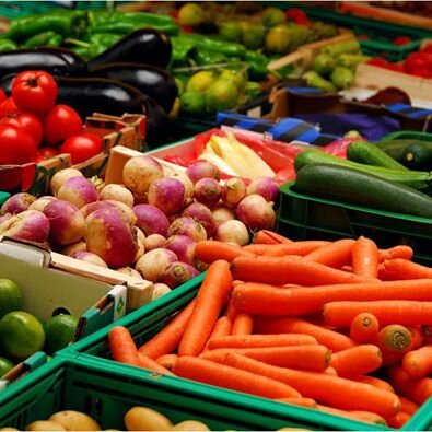 Colorful assortment of fresh vegetables including carrots, tomatoes, zucchini, eggplants, and turnips displayed in green market crates, highlighting vibrant produce options at a local farmer's market.